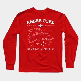 Dominican Republic Flag Travel Map Amber Cove Coordinates Roads Rivers and Oceans White Long Sleeve T-Shirt